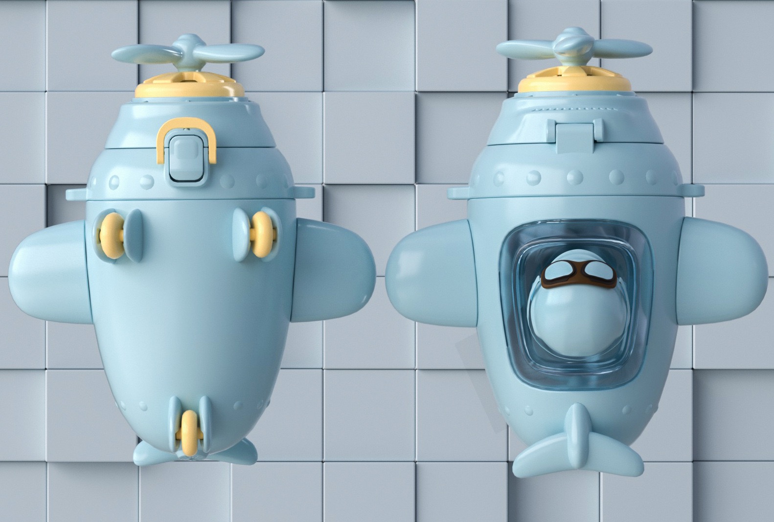 Tragbare Wasserflasche in Busform mit Tragegurt