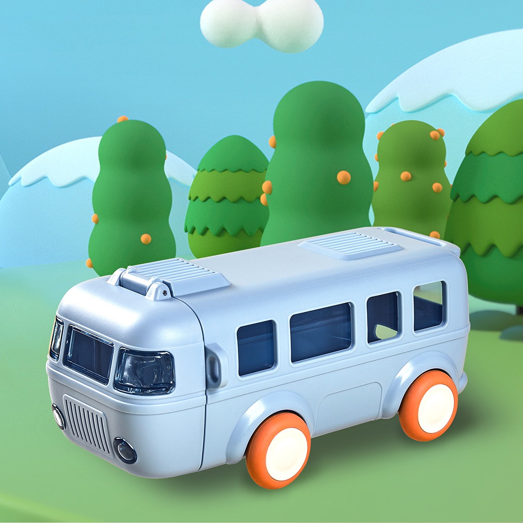 Tragbare Wasserflasche in Busform mit Tragegurt